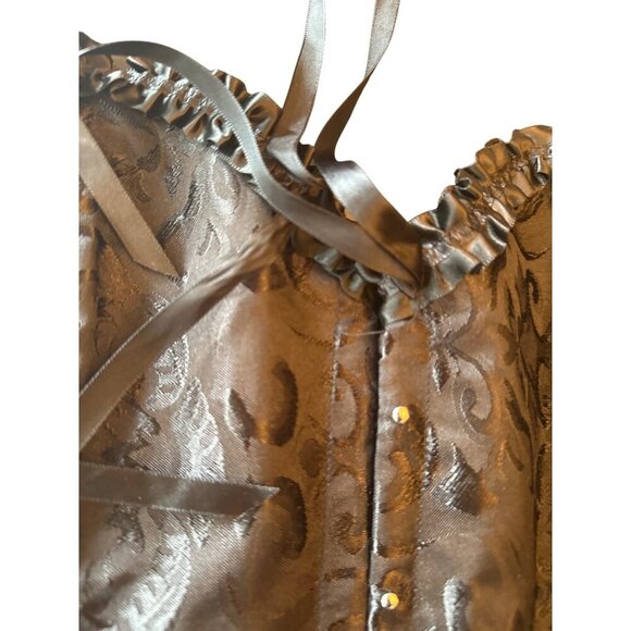 Silver Brocade Overbust Corset Top With Lace-Up Back & Ruffled Trim - Picture 2 of 4